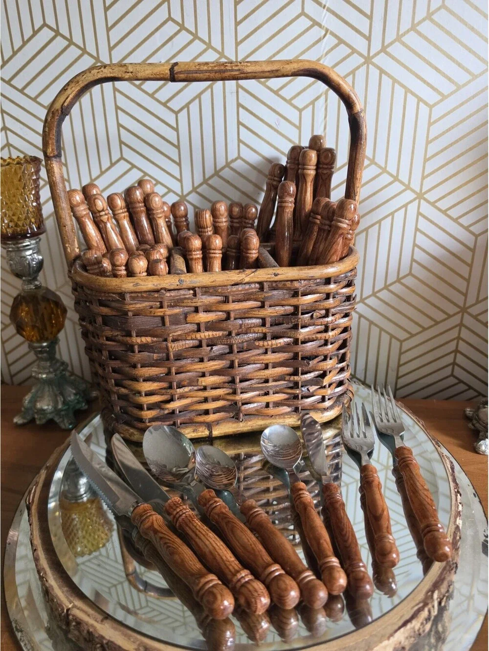 Vintage Lifetime Cutlery Old Homestead Wood Handle Flatware w Wicker Caddy 59pc